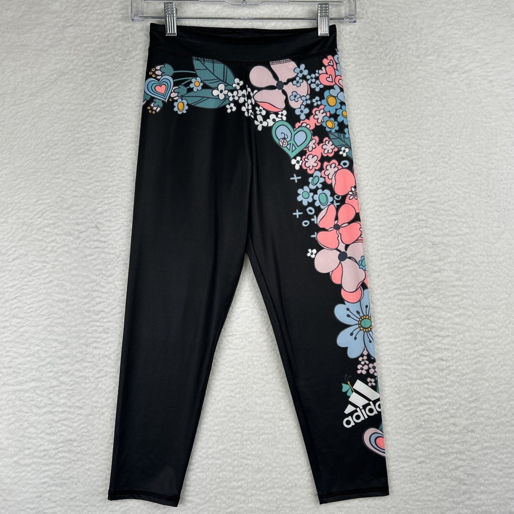 Adidas NEW Girls Floral Print 7/8 Athletic Leggings Gray Multicolor‎ Sz Large